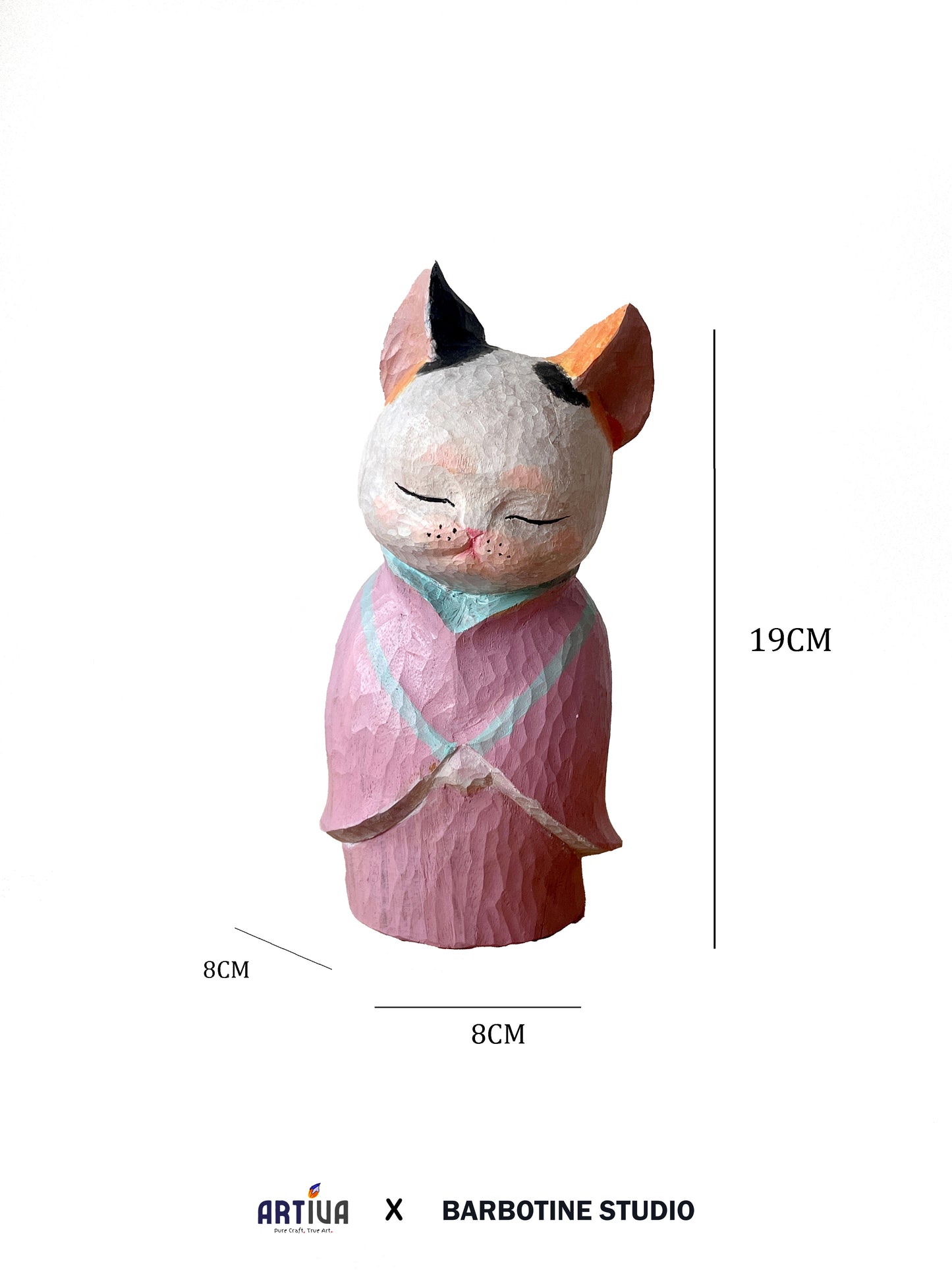 Statuette de chat en bois en toge rose