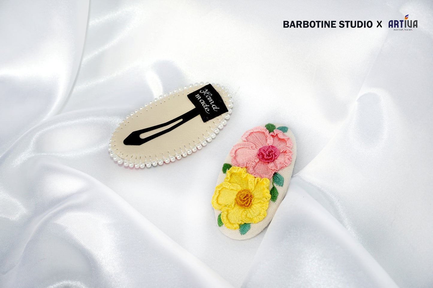 Barrette à fleurs brodée à la main