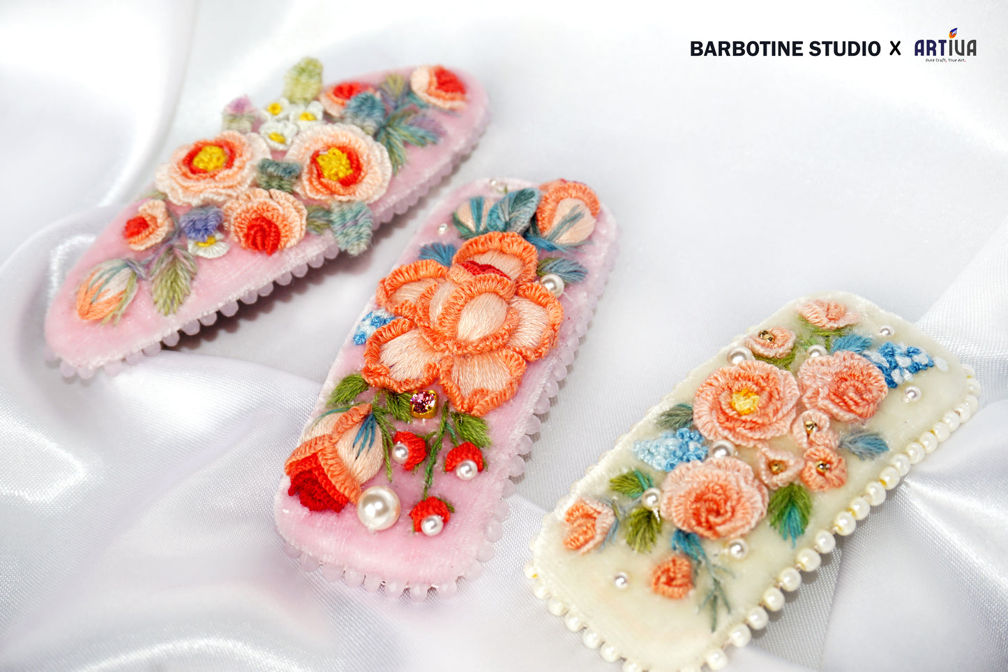 Barrette roses brodée à la main