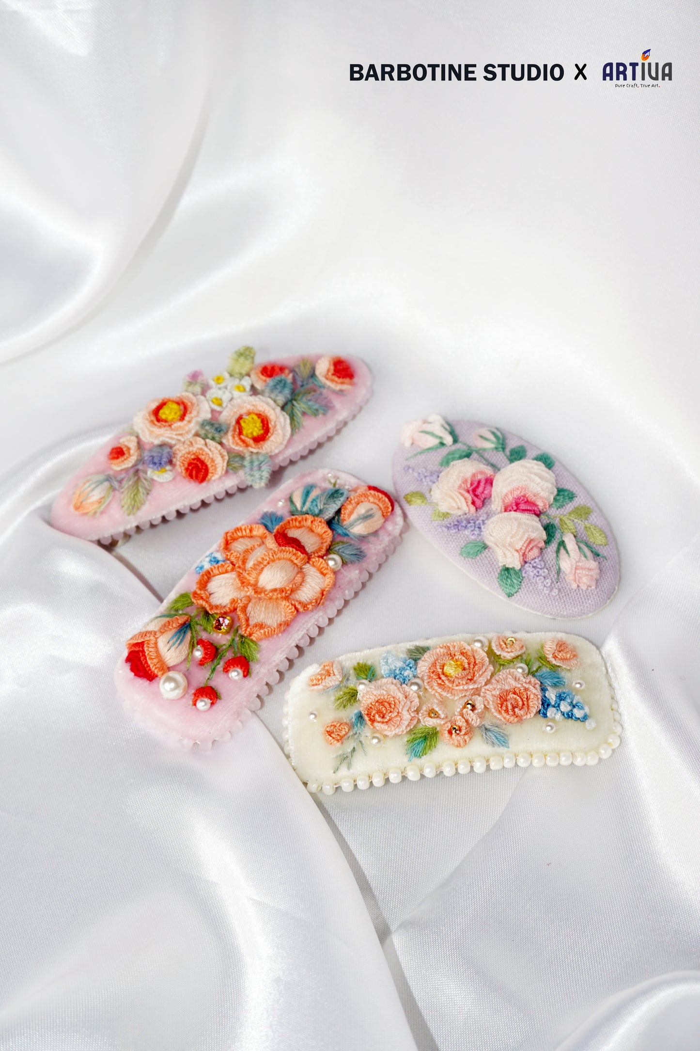 Barrette roses brodée à la main