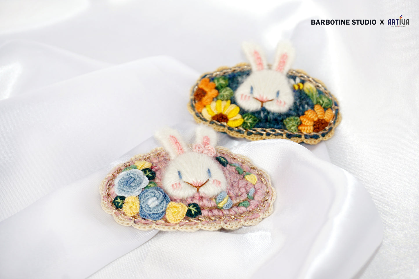 Barrette lapin brodée et tricotée à la main